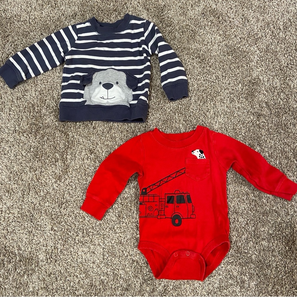 Puppy sweatshirt and fire engine with dog in pocket long sleeve size 12M